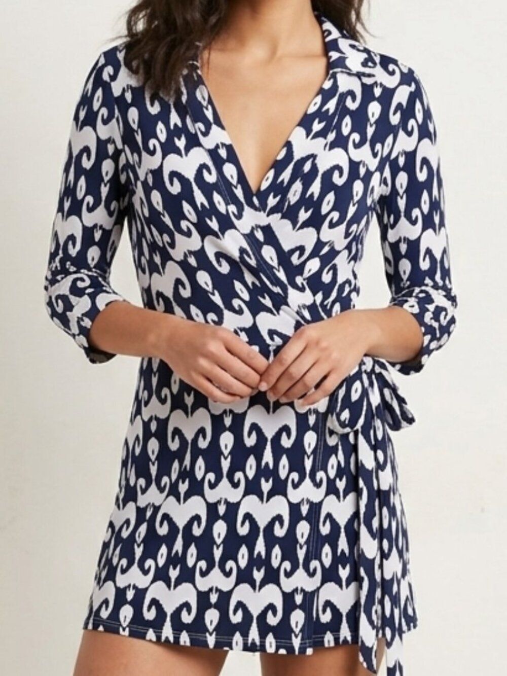 Blush Navy Blue White Ikat Print Wrap Romper 3/4 Sleeve Size M